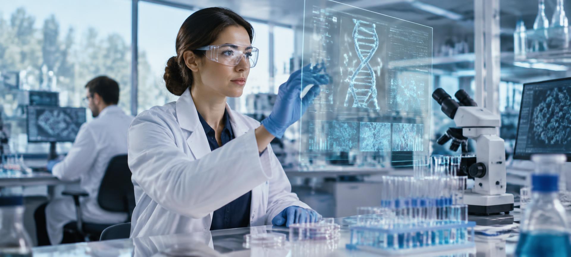 Biotechnology researcher reviewing molecular data in a laboratory