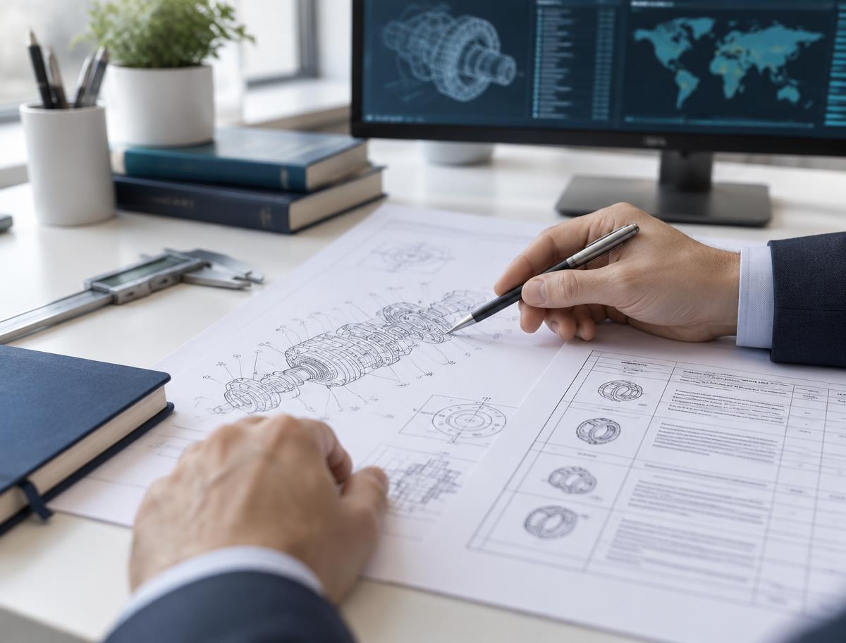 Patent analyst reviewing a mechanical invention drawing and claim documentation
